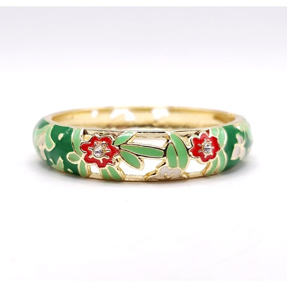 The Unbranded Brand Jewelry - Floral Enamel Hinge Bangle 18K Gold Plated Rhinestone Bracelet